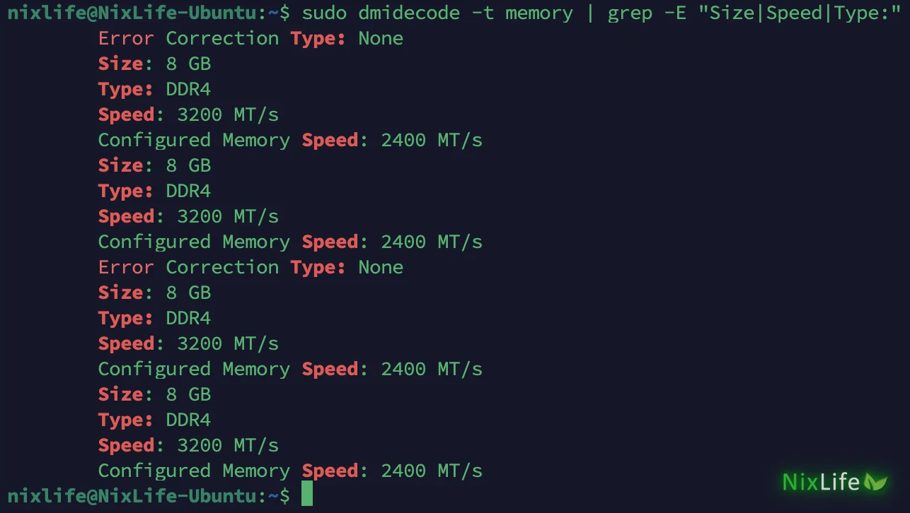 dmidecode: четыре планки DDR4 по 8 ГБ, скорость 3200 MT/s, настроенная скорость 2400 MT/s