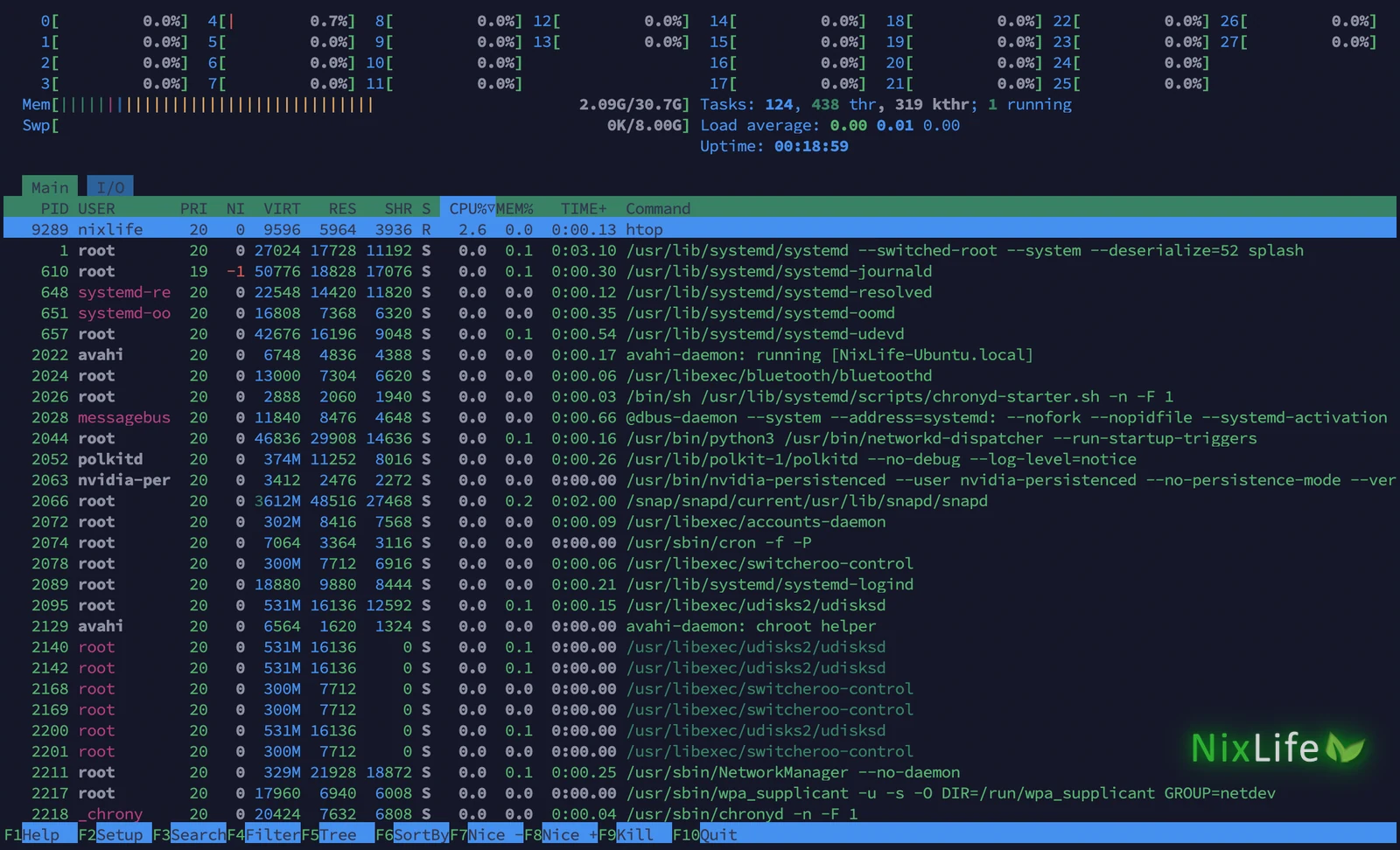 htop: полосы загрузки 28 потоков процессора, память, подкачка и список процессов с подсказками клавиш F1–F10