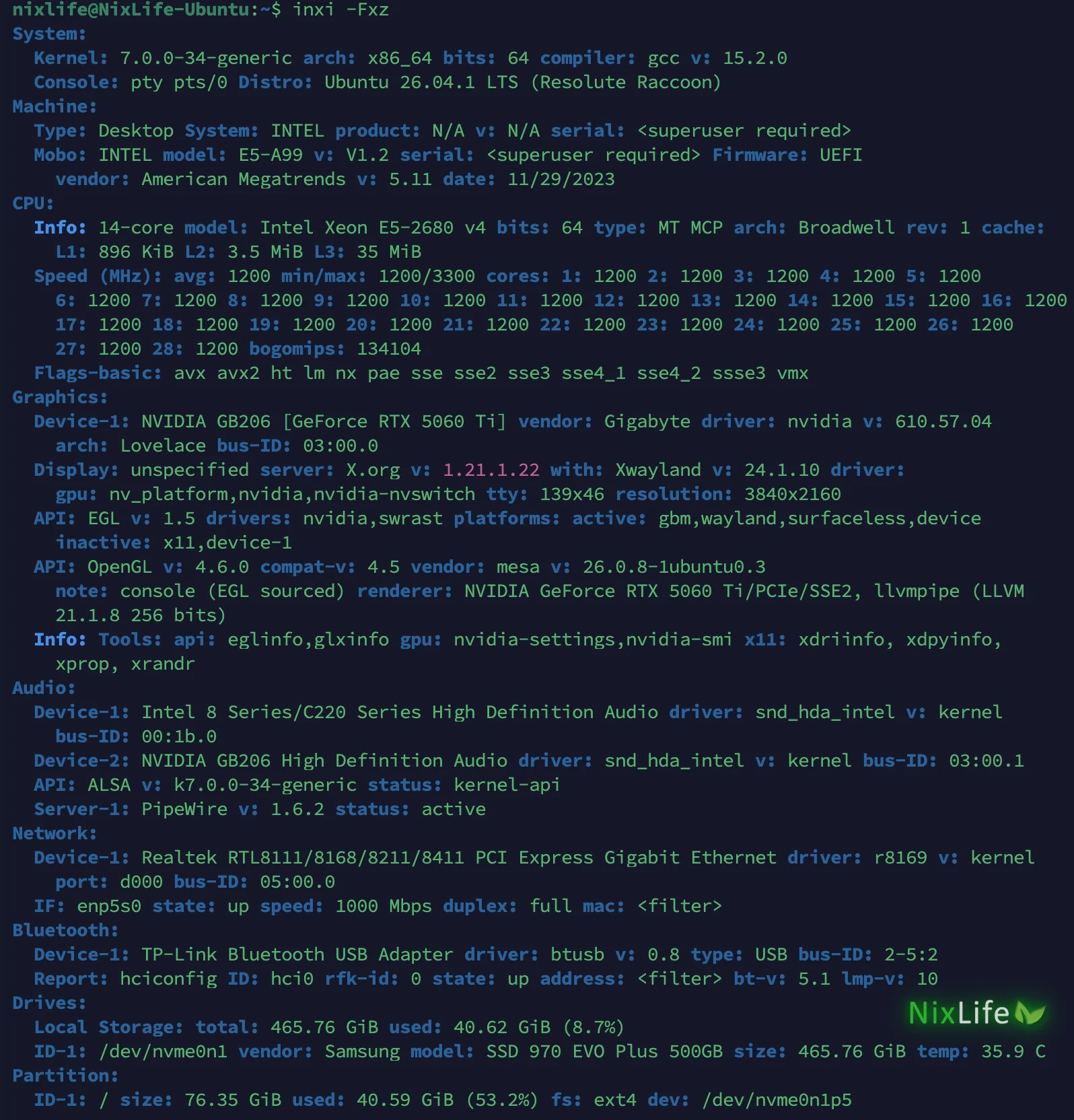 inxi -Fxz на Ubuntu 26.04: материнская плата E5-A99, Xeon E5-2680 v4, RTX 5060 Ti с драйвером 610.57.04, Samsung 970 EVO Plus