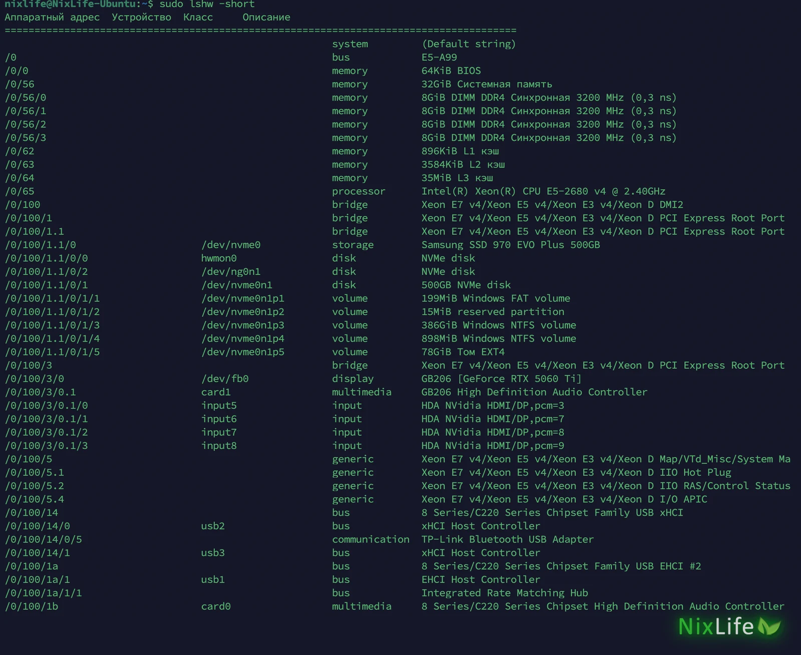 sudo lshw -short: четыре планки DDR4 по 8 ГБ, Xeon E5-2680 v4, Samsung SSD 970 EVO Plus с разделами Windows и Ubuntu, RTX 5060 Ti