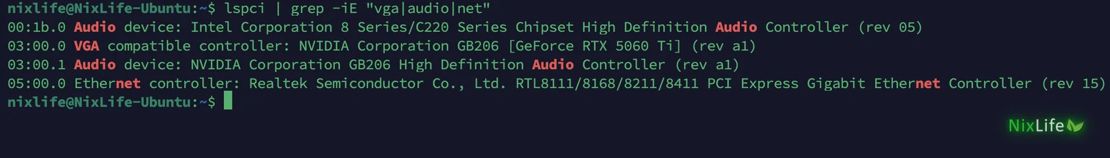 lspci: звук Intel, видеокарта NVIDIA RTX 5060 Ti, звук NVIDIA по HDMI, сетевая карта Realtek
