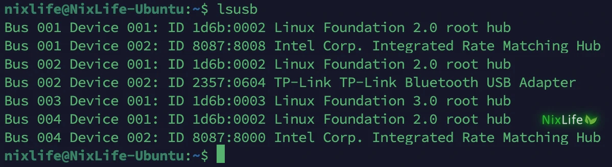lsusb: корневые USB-хабы Linux Foundation, хабы Intel и Bluetooth-адаптер TP-Link