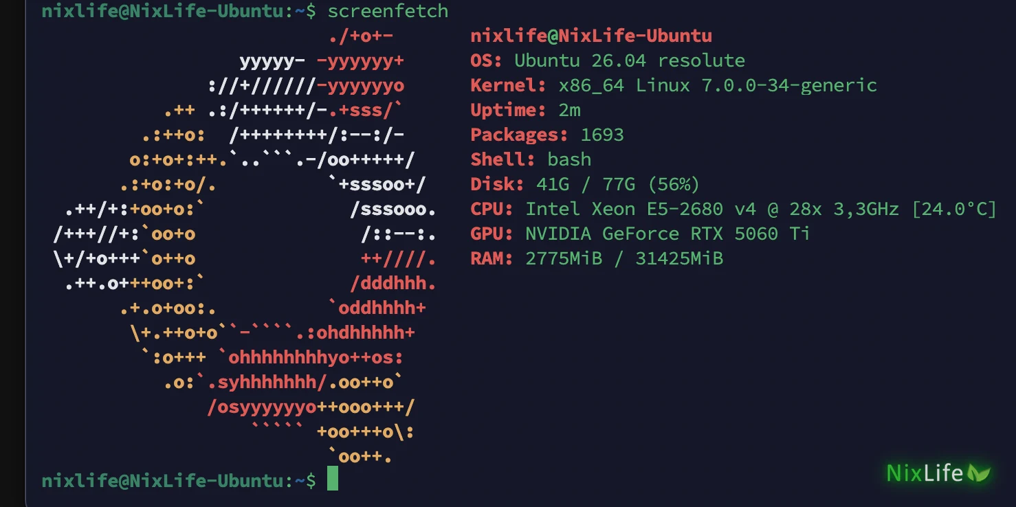 screenfetch на Ubuntu 26.04: логотип Ubuntu из символов, Xeon E5-2680 v4 с температурой 24 °C, RTX 5060 Ti, 31 ГБ памяти