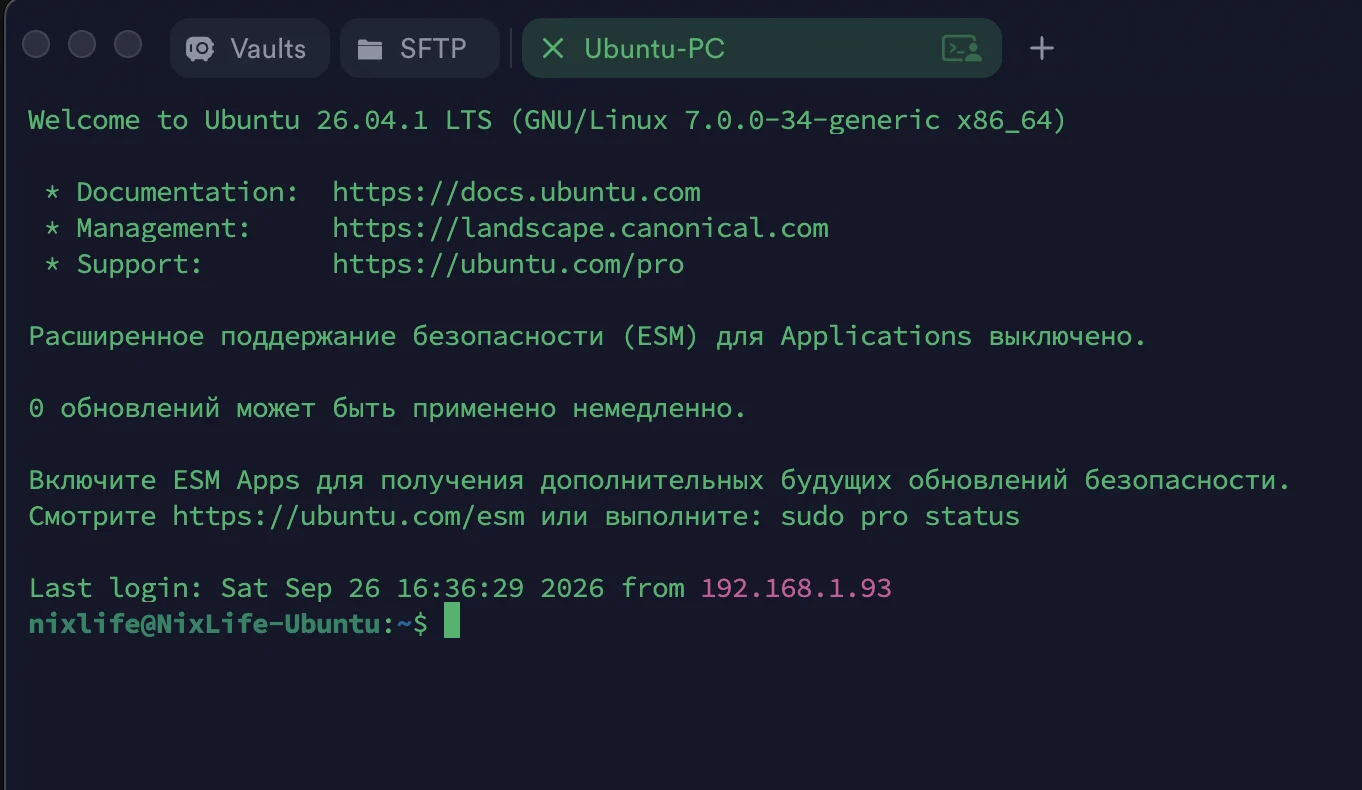 Подключение к Ubuntu 26.04 по SSH из Termius на Mac