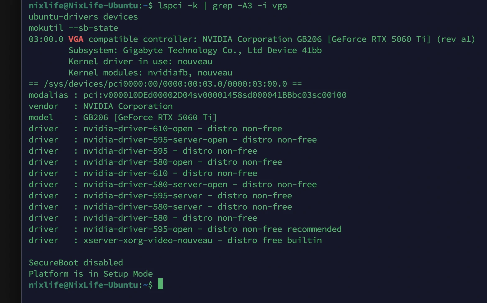 Вывод ubuntu-drivers devices для RTX 5060 Ti: список веток драйвера NVIDIA, рекомендована 595-open