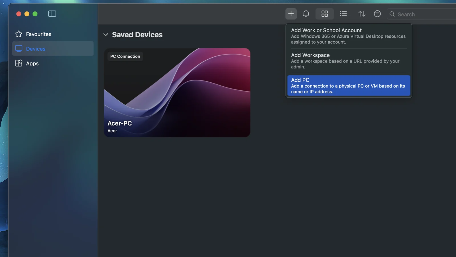 Windows App на Mac: меню «+» и пункт Add PC для добавления компьютера по адресу
