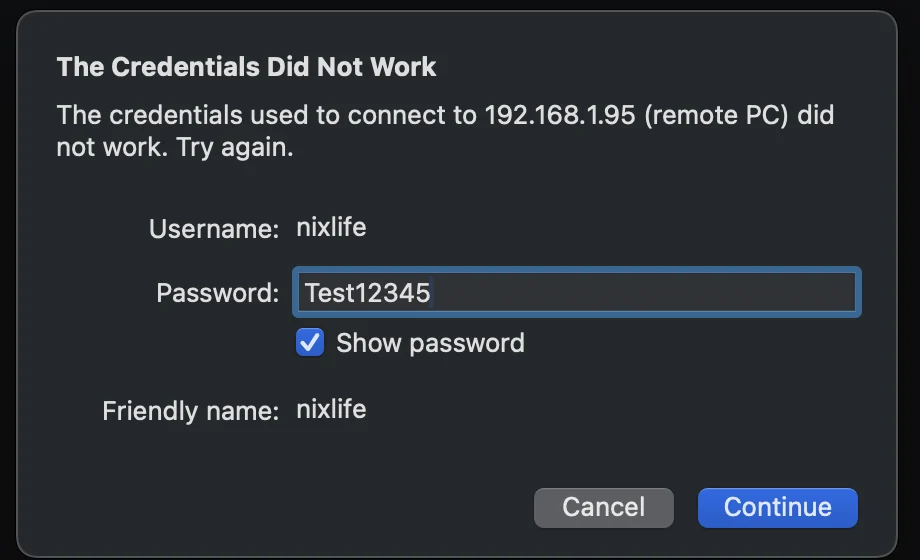 Ошибка Windows App на Mac: The credentials did not work при подключении к Ubuntu