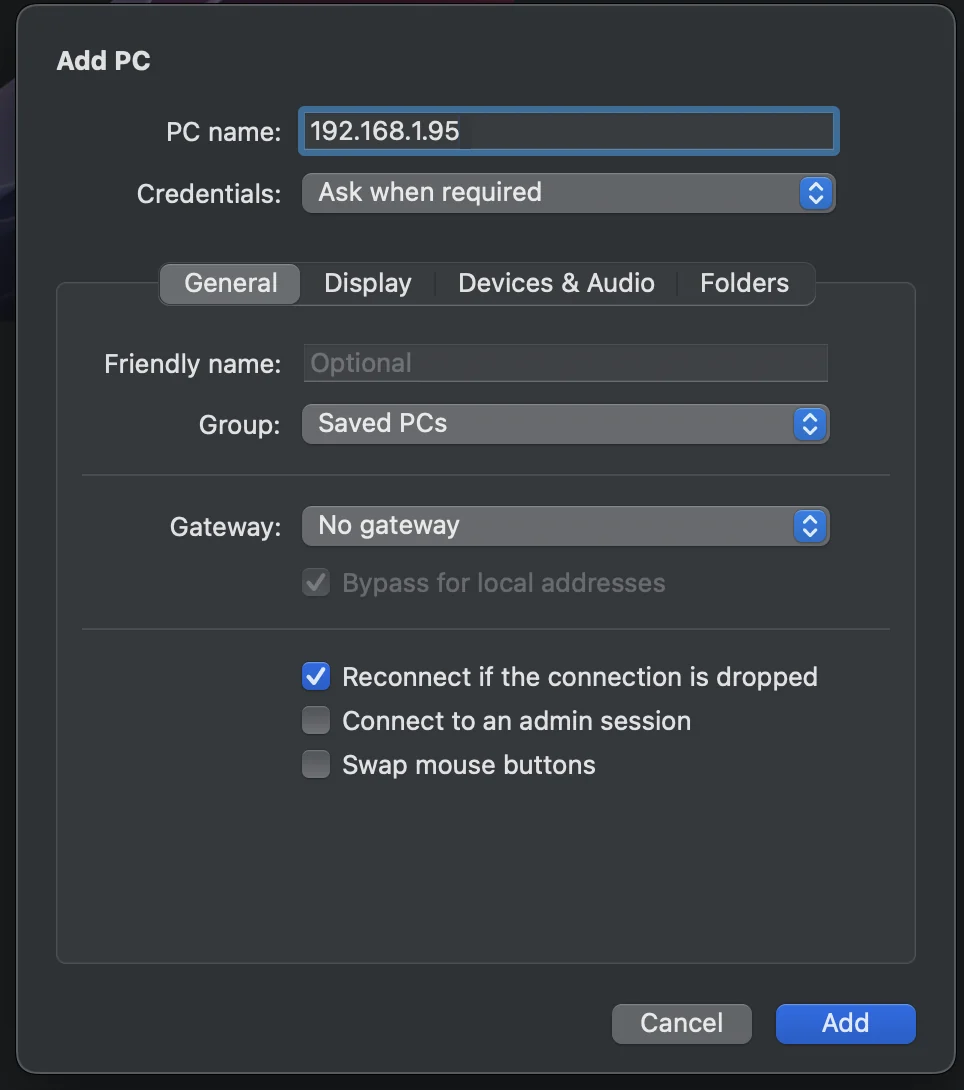 Окно Add PC в Windows App: адрес 192.168.1.95, учётные данные и параметры подключения