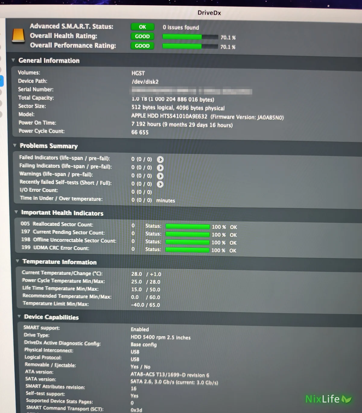 DriveDx: жёсткий диск Apple HDD HTS541010A9E632, 7192 часа работы, 66 655 циклов включения, оценка состояния 70,1 %