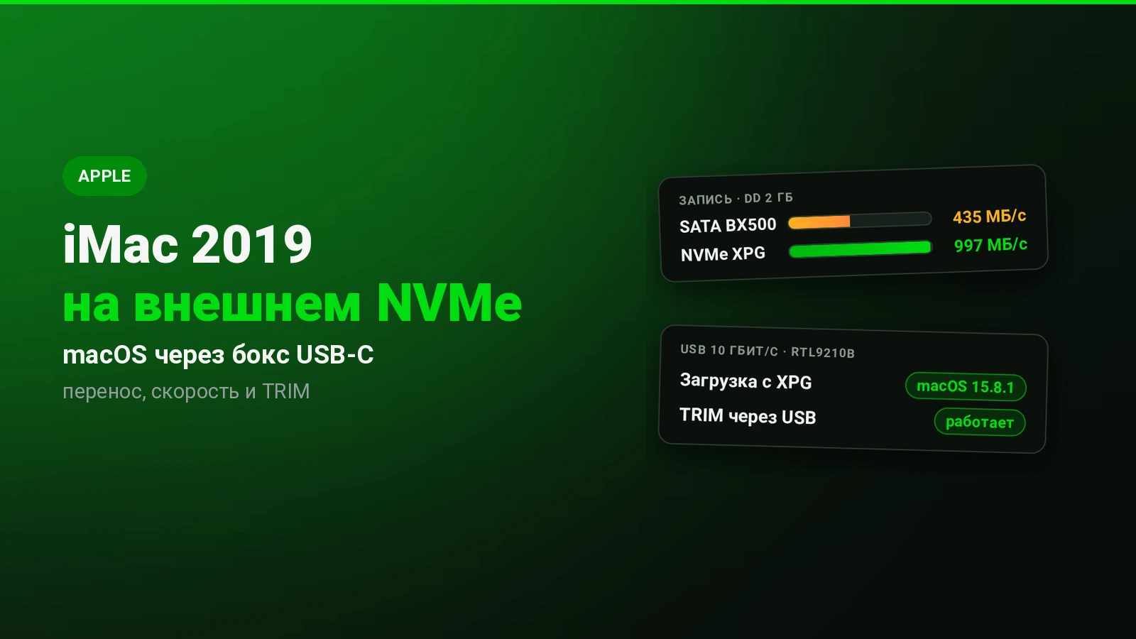 Перенёс macOS на внешний NVMe: iMac 2019 через бокс Ugreen стал вдвое быстрее
