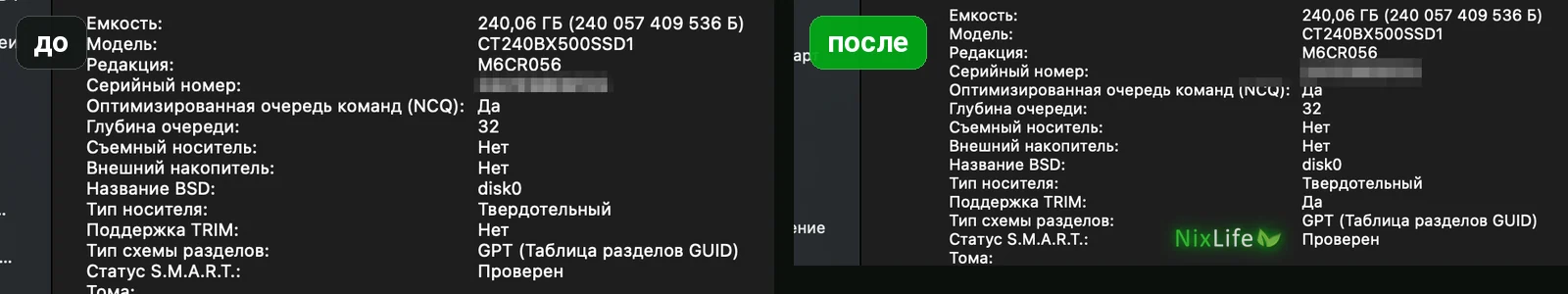Информация о системе, раздел SATA: поддержка TRIM для Crucial BX500 — «Нет» до включения и «Да» после