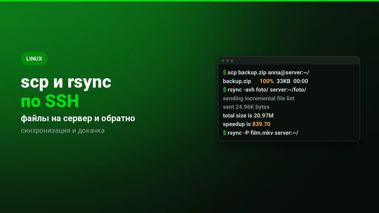 Как скопировать файлы на сервер и обратно: scp и rsync