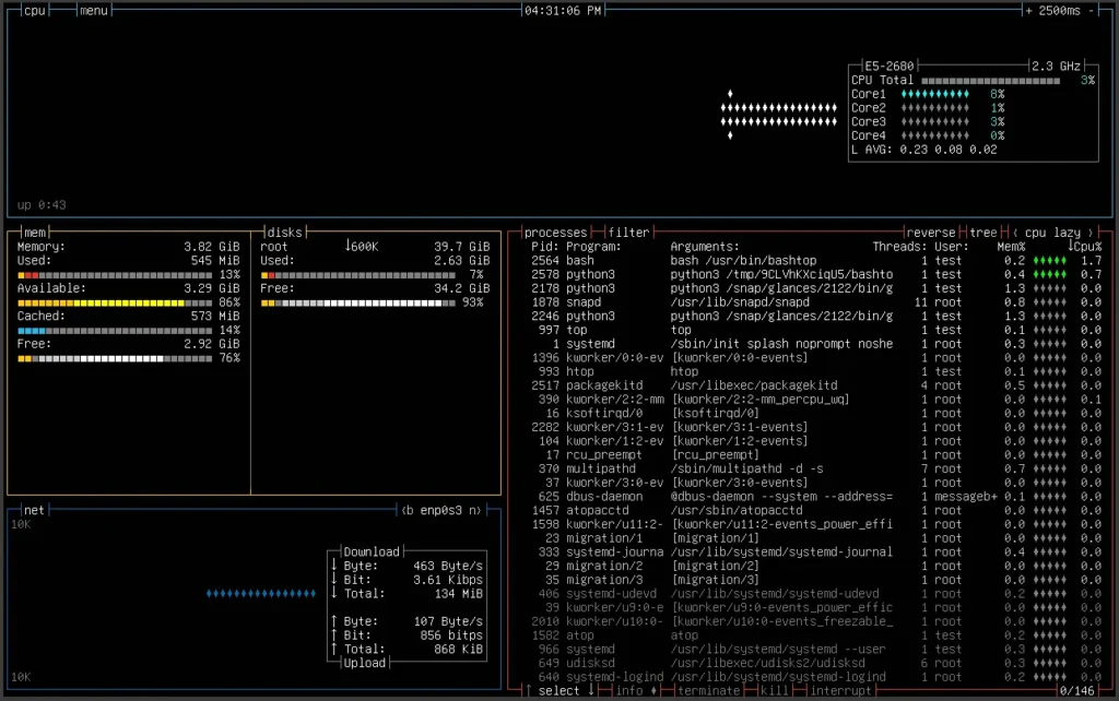 Диспетчер Bashtop - Ubuntu Linux